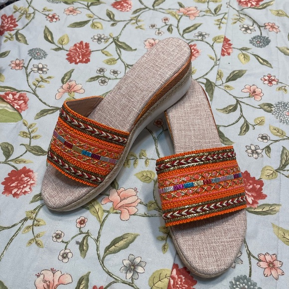 Orange Embroidered Slip On Wedge Sandals - Picture 2 of 10